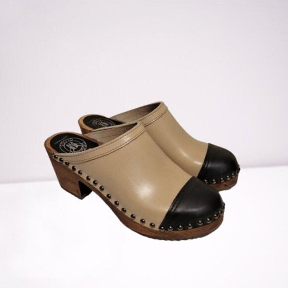 Two-Tone Beige and Black Leather Clogs Mule
